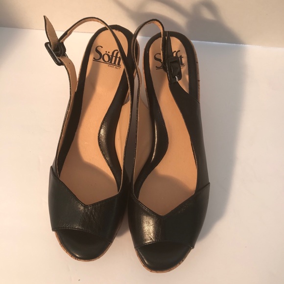 Sofft Peep Toe Wedges Black Leather Size 8 - Picture 6 of 14